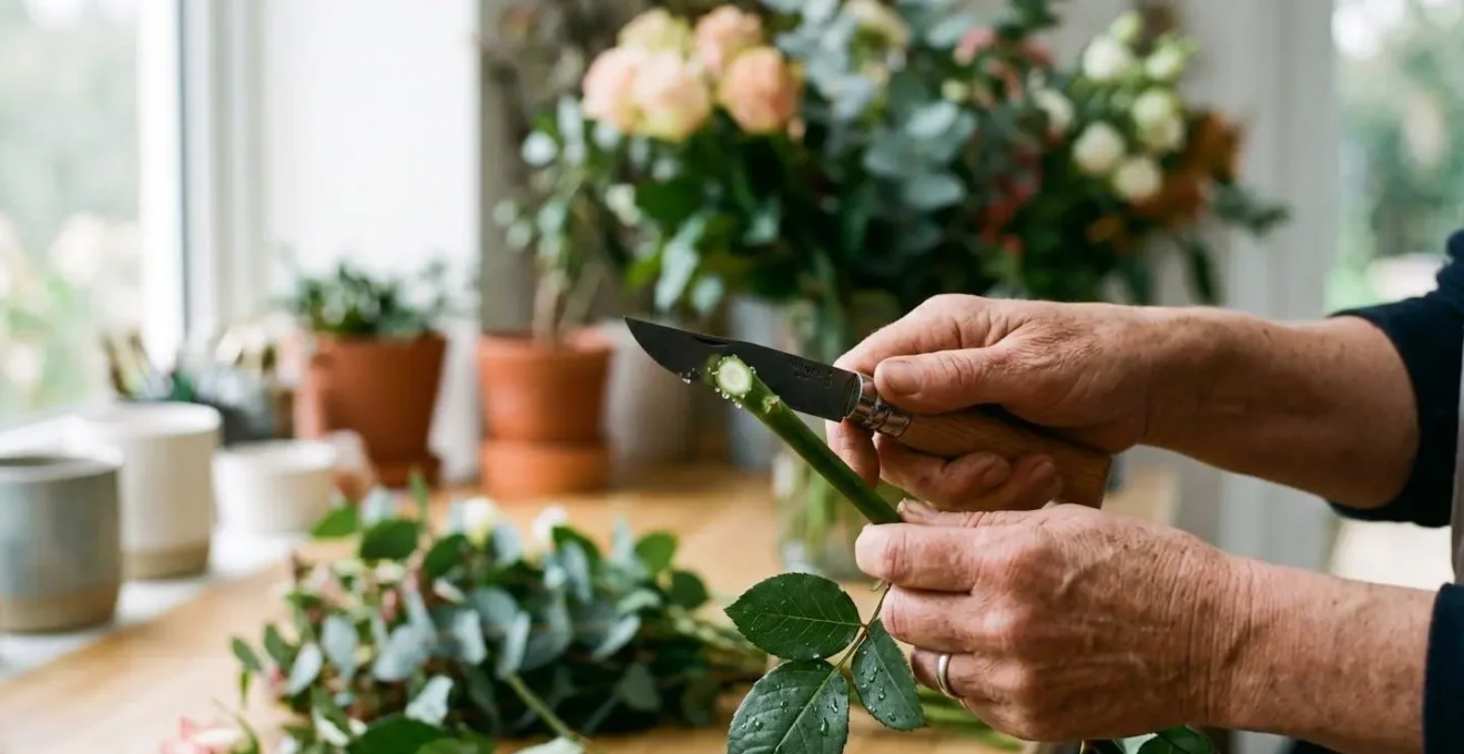 Professional florist cutting flower stem with sharp knife demonstrating clean cut technique