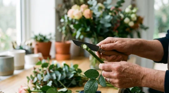 Professional florist cutting flower stem with sharp knife demonstrating clean cut technique