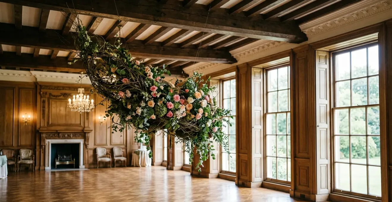 Suspended floral installation with British willow framework and seasonal blooms transforming an elegant UK event venue space