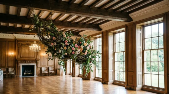 Suspended floral installation with British willow framework and seasonal blooms transforming an elegant UK event venue space