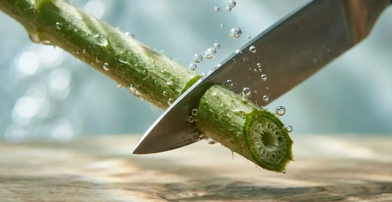 Close-up of fresh cut flower stem being trimmed at an angle underwater to prevent air bubbles from entering the vascular system