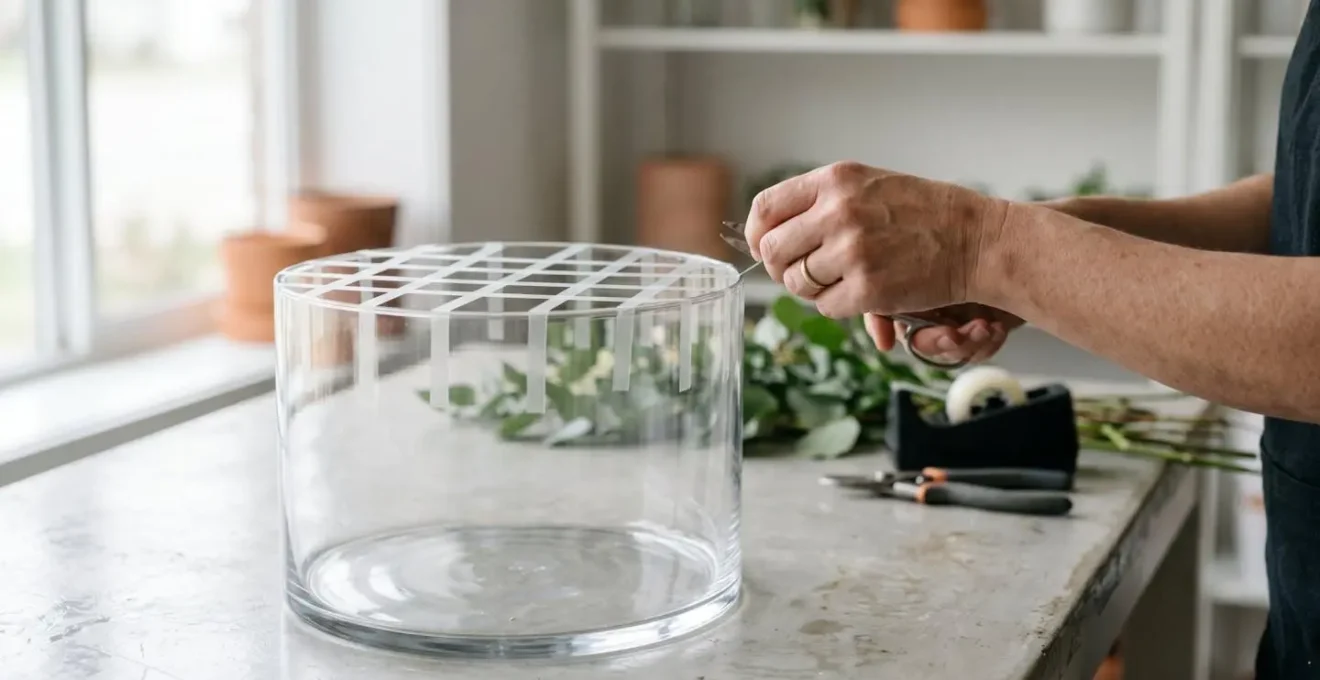 Professional florist creating a precise tape grid on a clear glass vase for floral arrangement mechanics