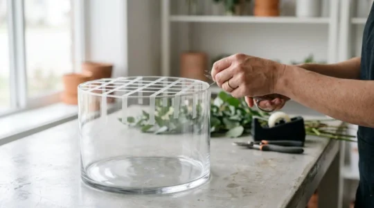 Professional florist creating a precise tape grid on a clear glass vase for floral arrangement mechanics