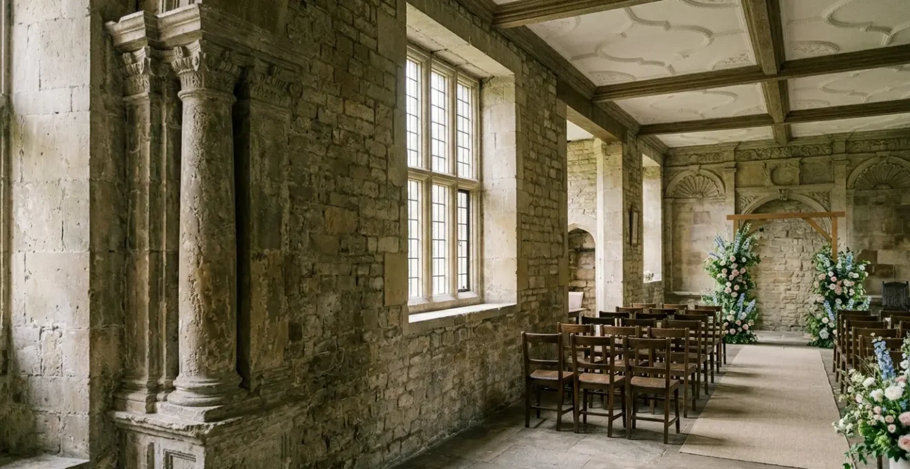 Elegant British country manor wedding ceremony with cohesive seasonal flower arrangements and natural garden-inspired floral design