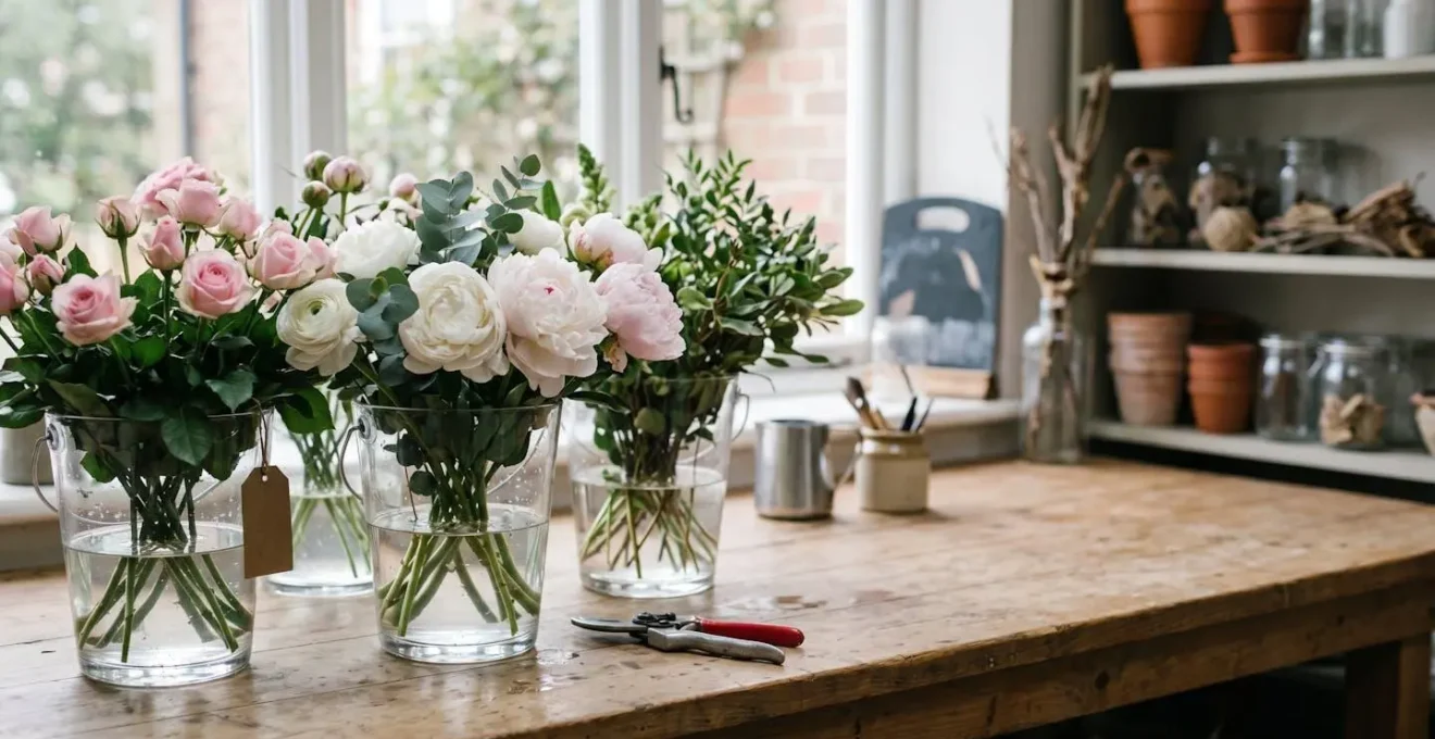 Professional British florist's conditioning station with fresh-cut stems in clean buckets