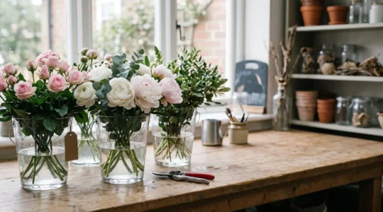 Professional British florist's conditioning station with fresh-cut stems in clean buckets