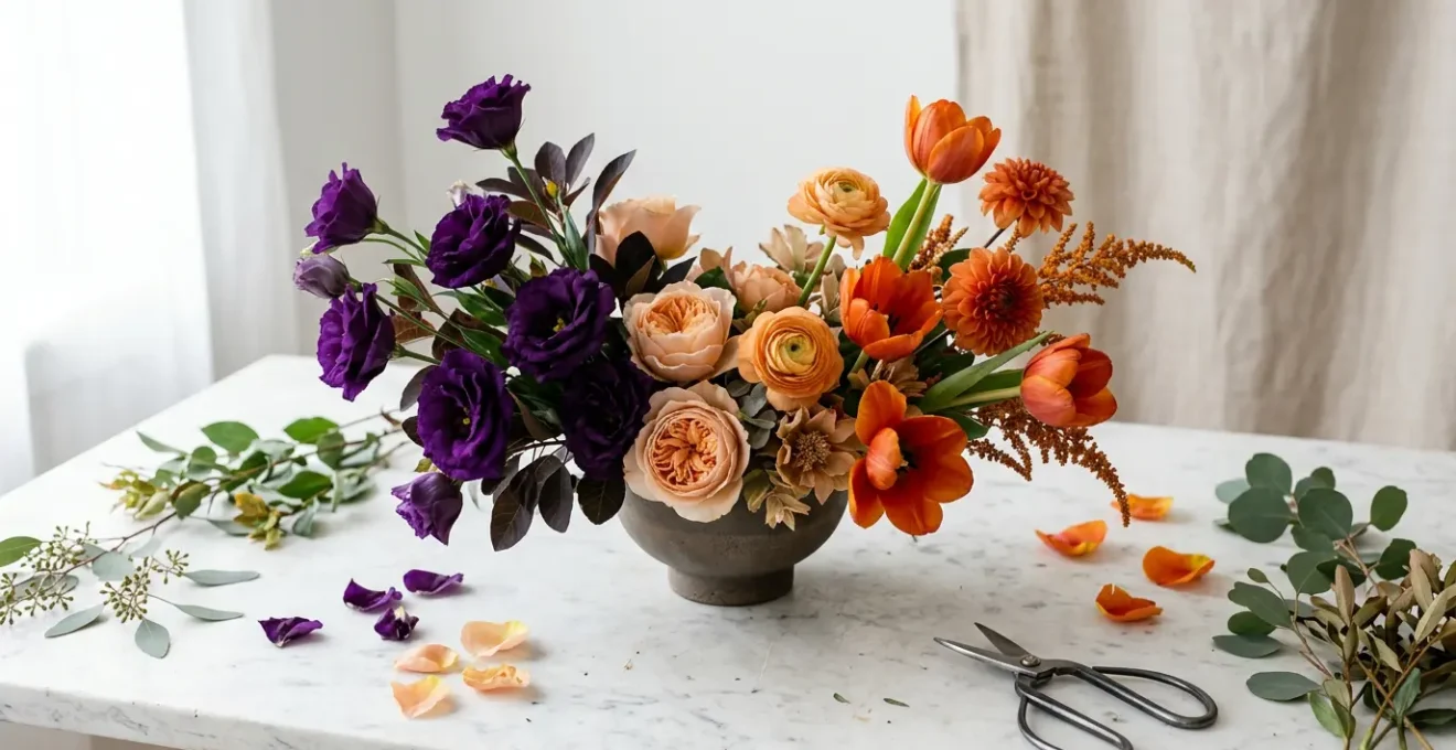 Sophisticated floral arrangement demonstrating controlled vibrant color palette using split-complementary and bridge color techniques