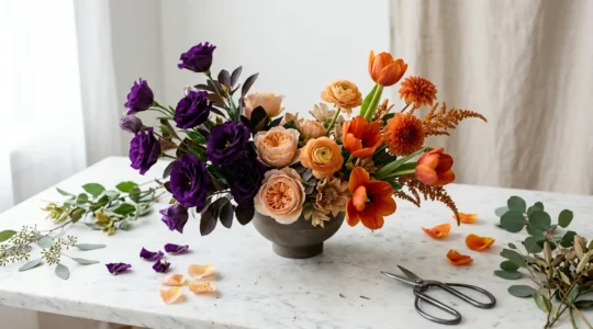 Sophisticated floral arrangement demonstrating controlled vibrant color palette using split-complementary and bridge color techniques