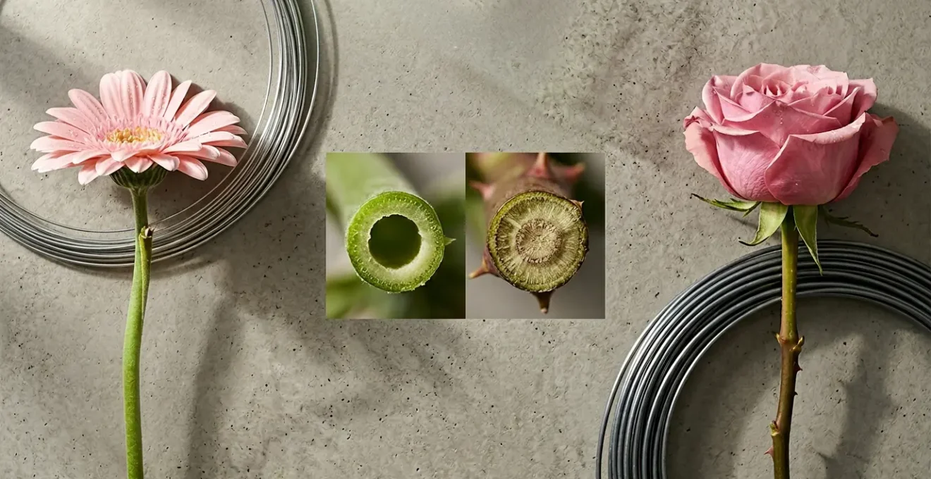 Professional floral wiring setup showing different wire gauge thicknesses arranged with fresh gerbera and rose blooms in a studio environment