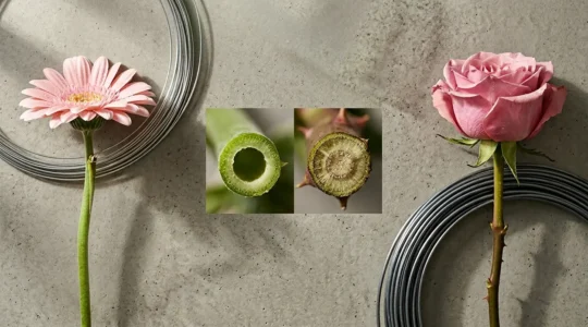 Professional floral wiring setup showing different wire gauge thicknesses arranged with fresh gerbera and rose blooms in a studio environment