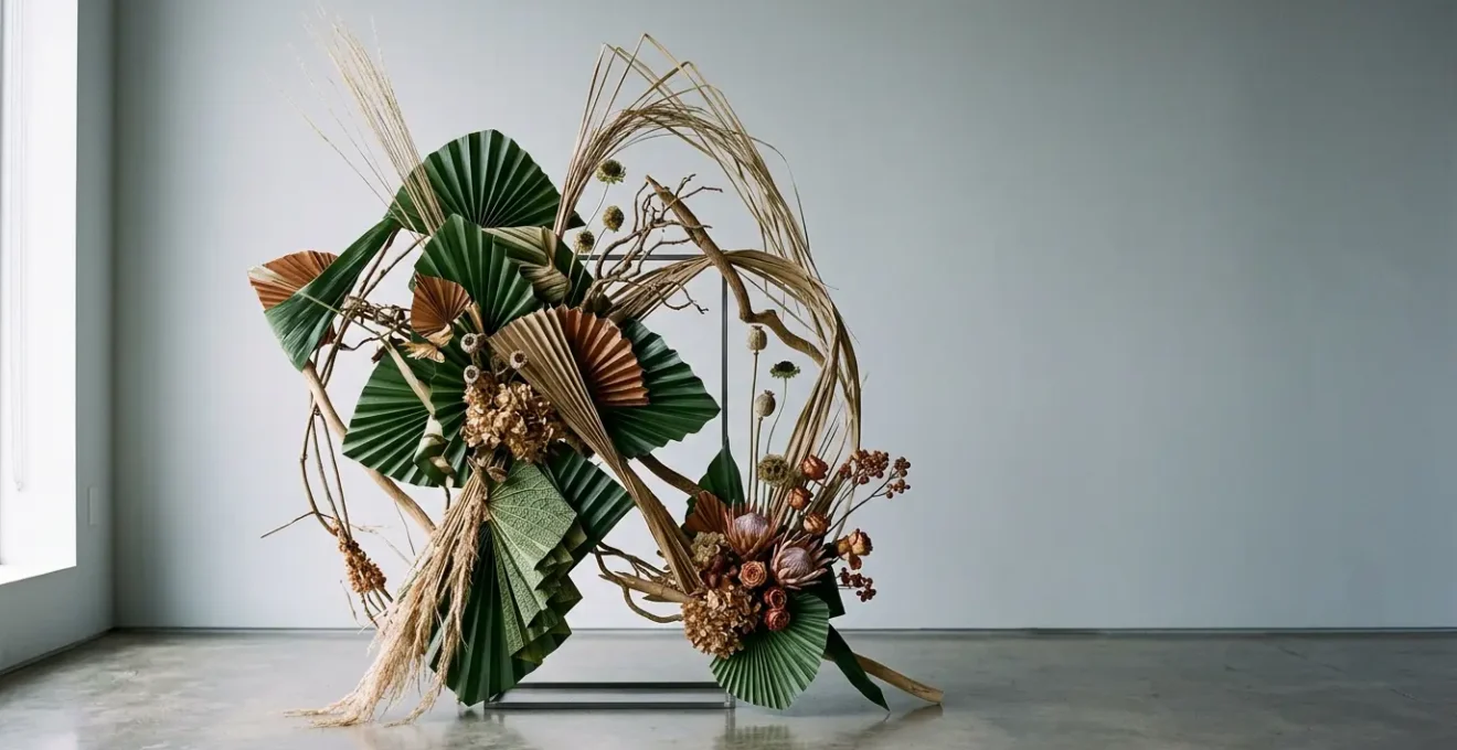 Abstract floral sculpture showcasing botanical materials manipulated into geometric and organic forms with dramatic texture