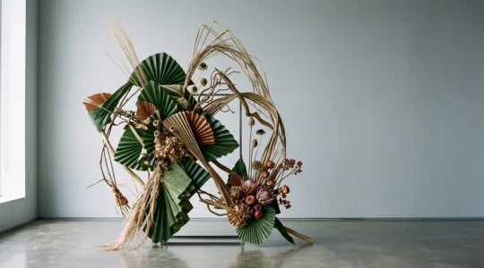 Abstract floral sculpture showcasing botanical materials manipulated into geometric and organic forms with dramatic texture