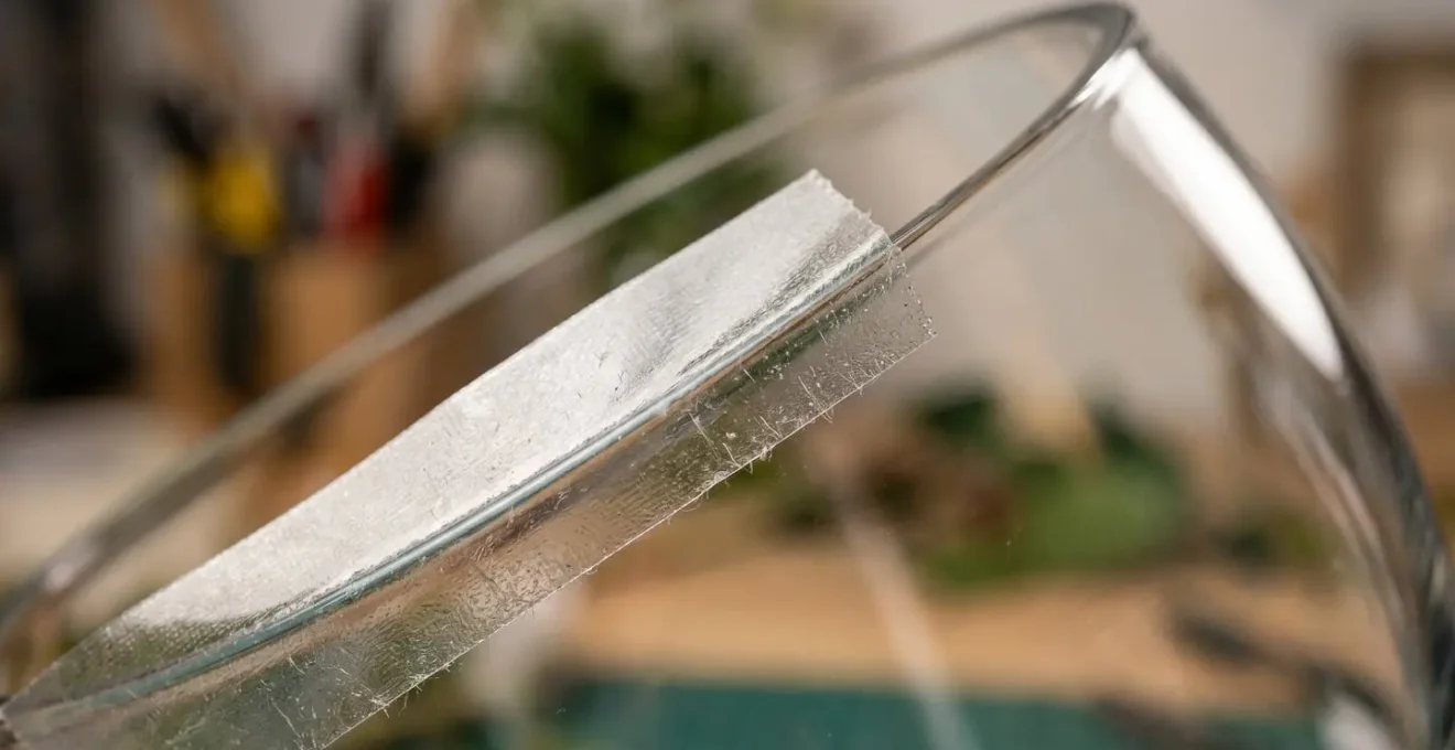 Extreme macro close-up of clear waterproof floral tape edge adhering to pristine glass surface showing perfect molecular contact