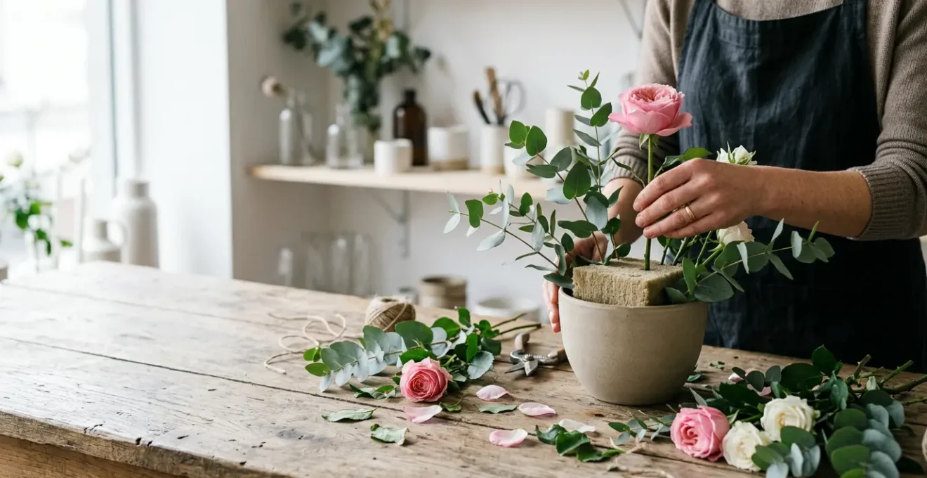 Professional florist designing eco-friendly floral arrangement using natural basalt wool alternative to traditional foam