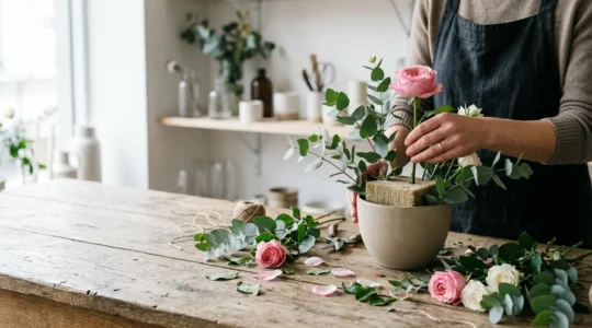 Professional florist designing eco-friendly floral arrangement using natural basalt wool alternative to traditional foam