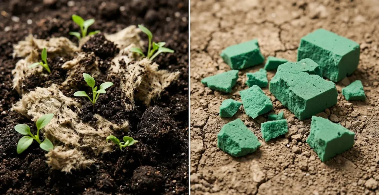 Side-by-side environmental comparison showing crumbled Agra-Wool basalt integrating naturally into rich garden soil versus fragmented foam creating permanent pollution