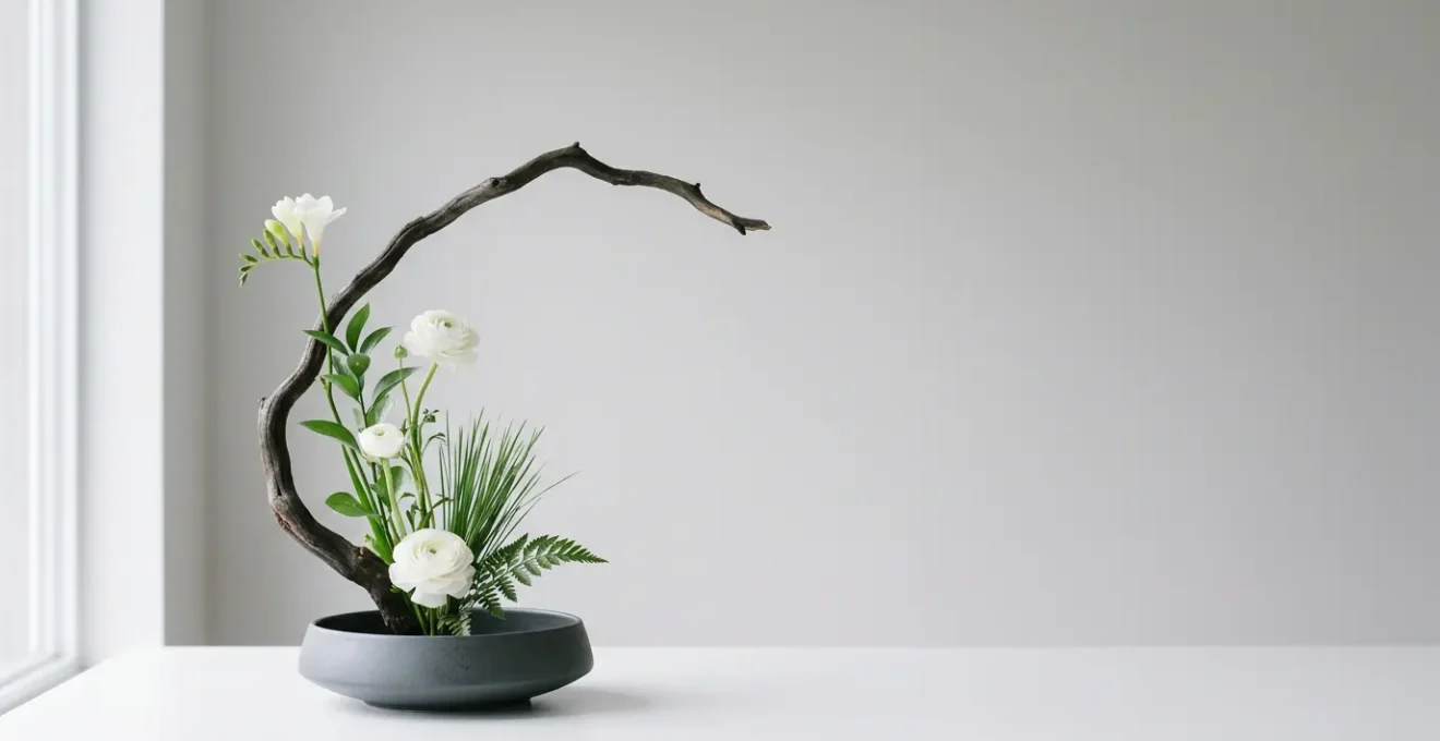 A sculptural floral arrangement blending Eastern and Western aesthetics, featuring clean lines, dramatic negative space, and natural asymmetry