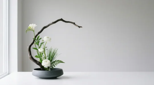 A sculptural floral arrangement blending Eastern and Western aesthetics, featuring clean lines, dramatic negative space, and natural asymmetry