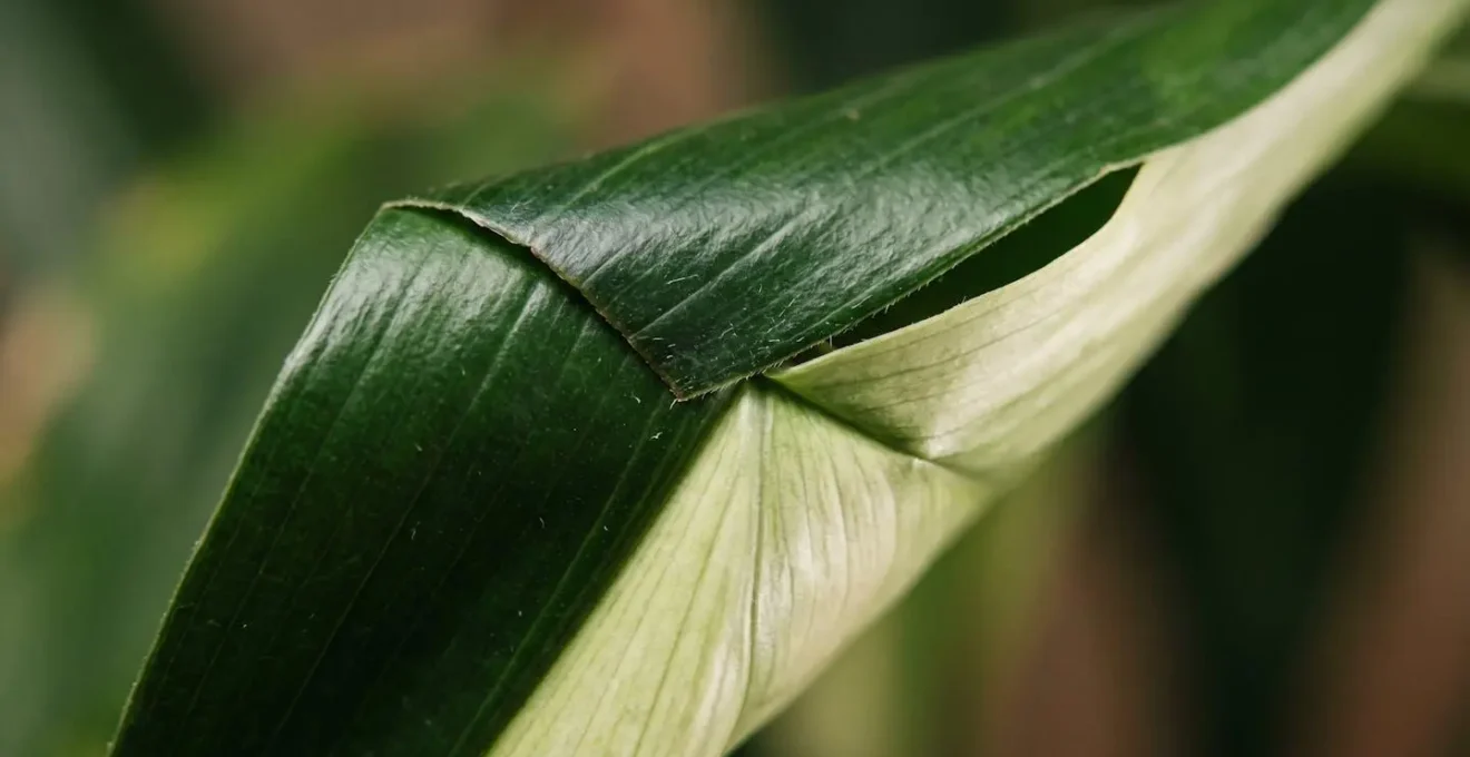 Extreme close-up of manipulated Aspidistra leaf showing intricate folding patterns and cellular structure
