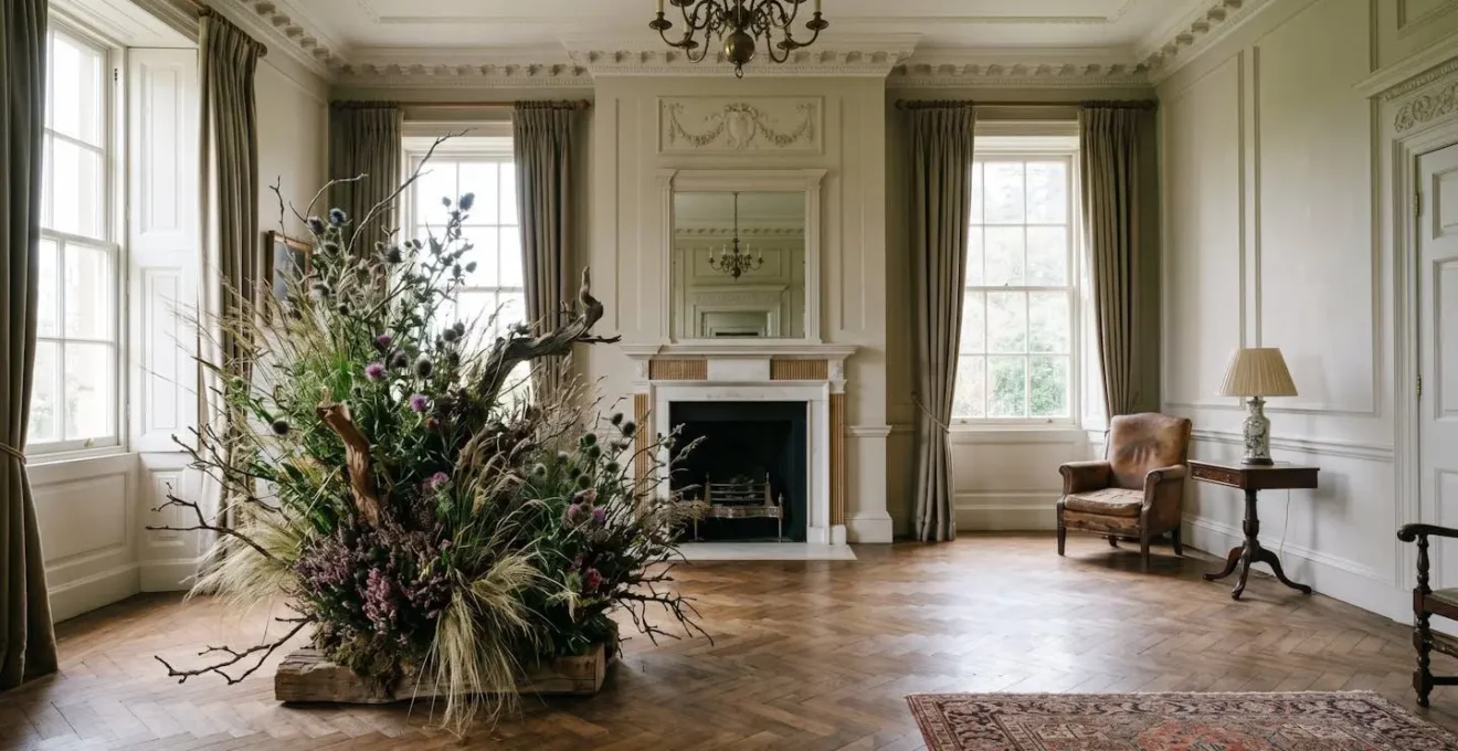 Asymmetrical floral arrangement positioned off-center against symmetrical Georgian window architecture creating deliberate visual tension