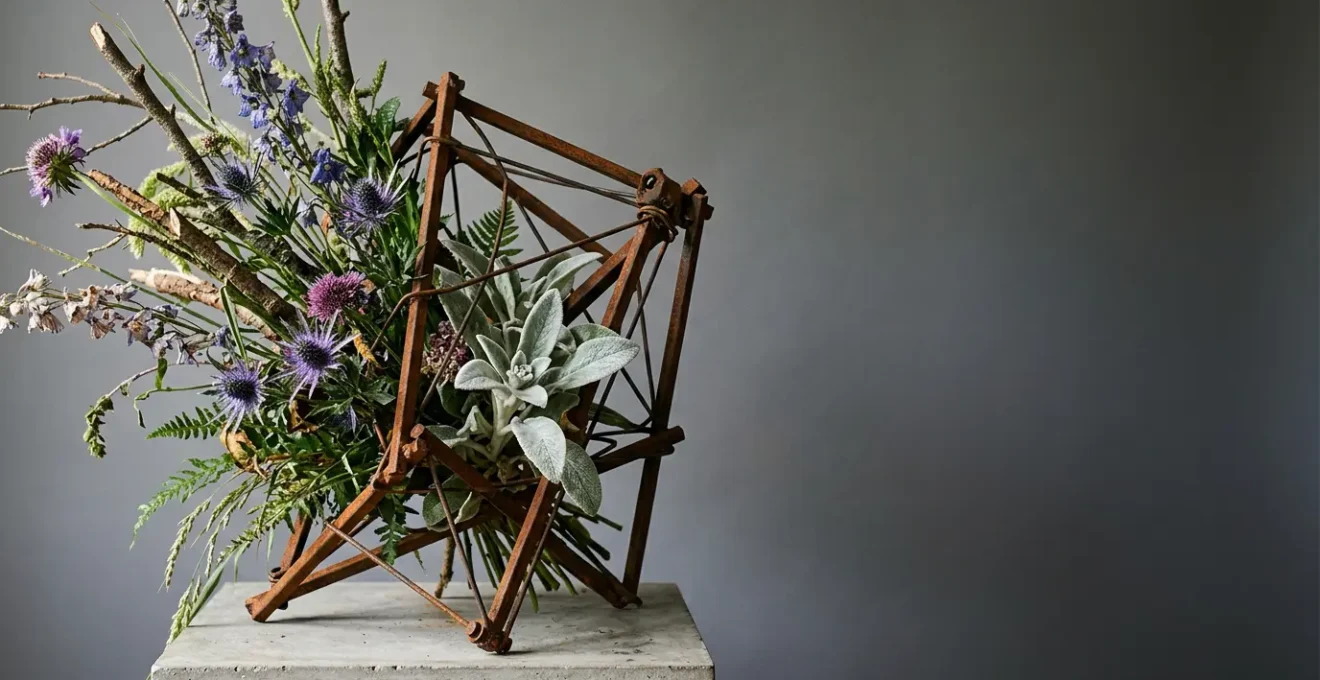 Avant-garde asymmetric floral arrangement breaking traditional round bouquet form