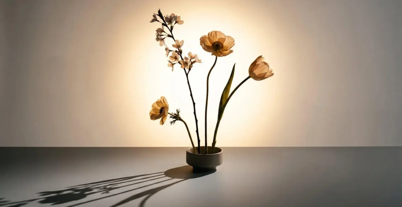 Dramatic backlit floral arrangement creating silhouettes and shadow interplay