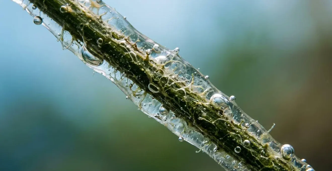 Extreme macro photography showing bacterial biofilm texture on flower stem surface