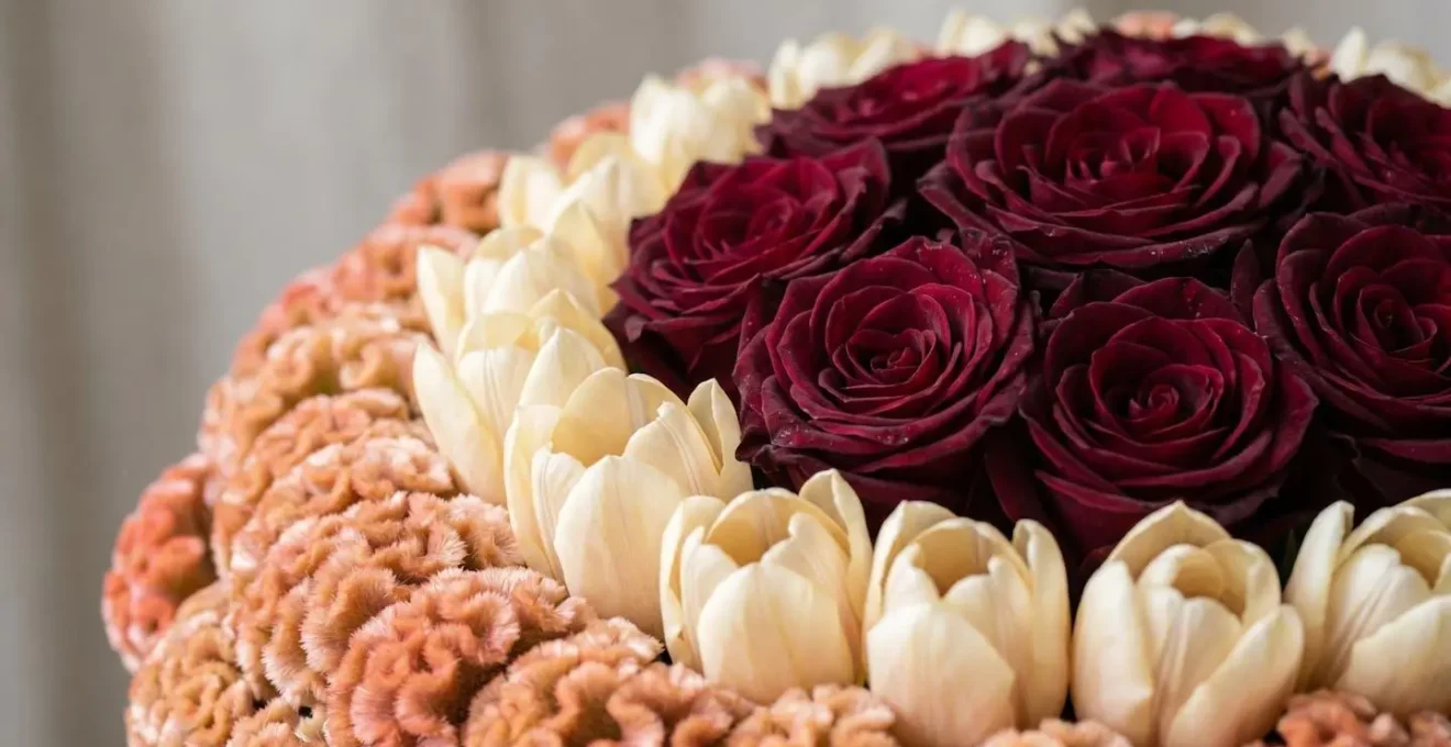Close-up macro view of concentric flower rings in a Biedermeier dome arrangement showing textural contrast between velvety roses and waxy tulips