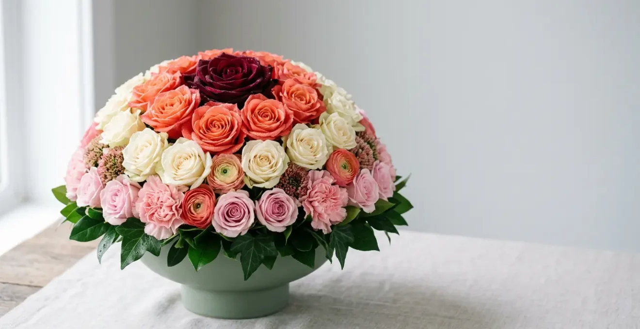 Professional Biedermeier floral arrangement featuring a perfect dome hemisphere with concentric rings of colorful flowers in structured geometric pattern