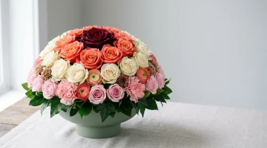 Professional Biedermeier floral arrangement featuring a perfect dome hemisphere with concentric rings of colorful flowers in structured geometric pattern