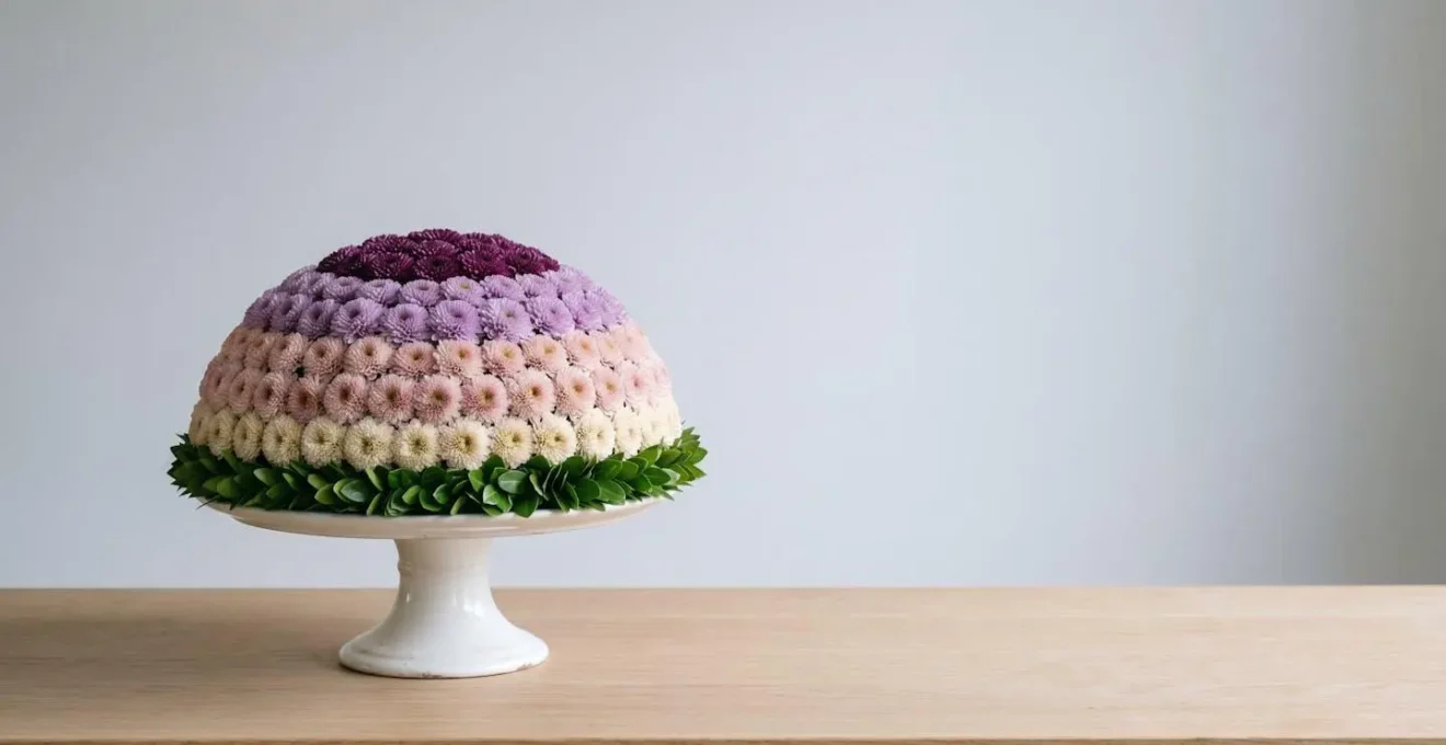 Wide angle environmental shot of complete Biedermeier dome arrangement on pedestal showing perfect hemispherical curve from side perspective with clean studio setting