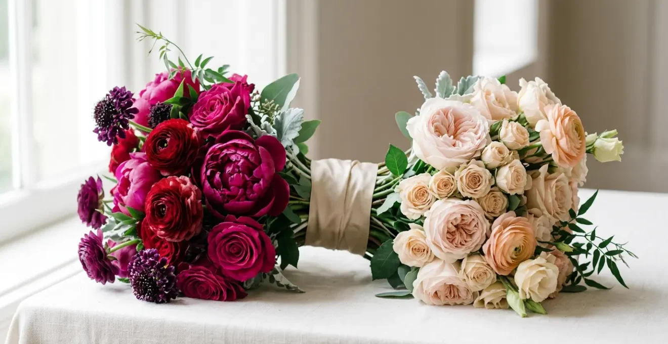 Close-up of vibrant fuchsia and deep red floral bouquet against soft pastel blush background showing color contrast strategy