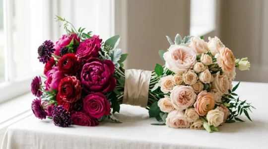 Close-up of vibrant fuchsia and deep red floral bouquet against soft pastel blush background showing color contrast strategy
