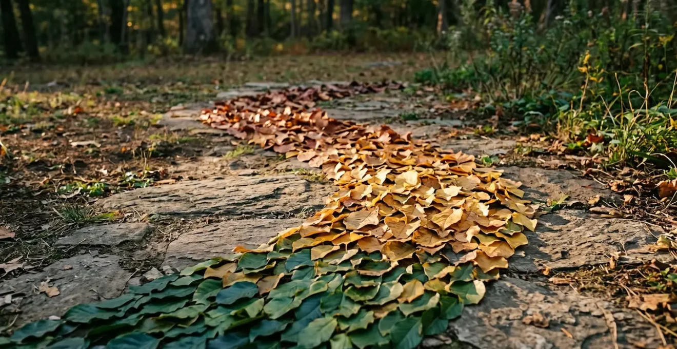 Wide environmental shot of a botanical paving installation showing gradient patterns of leaves creating land art in natural setting