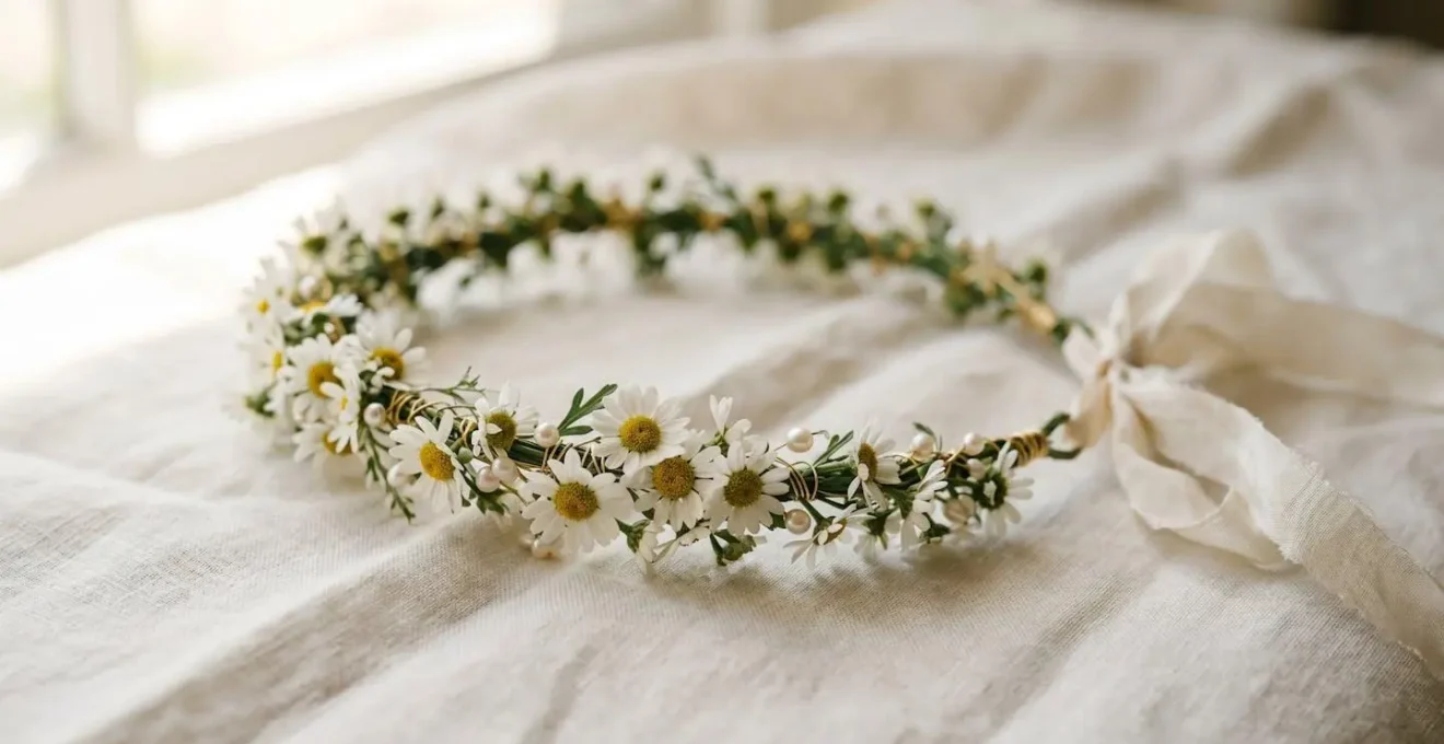 Elegant hand-crafted daisy flower crown featuring fresh white daisies wired with delicate gold-tone wire and interspersed with small freshwater pearls on natural linen fabric