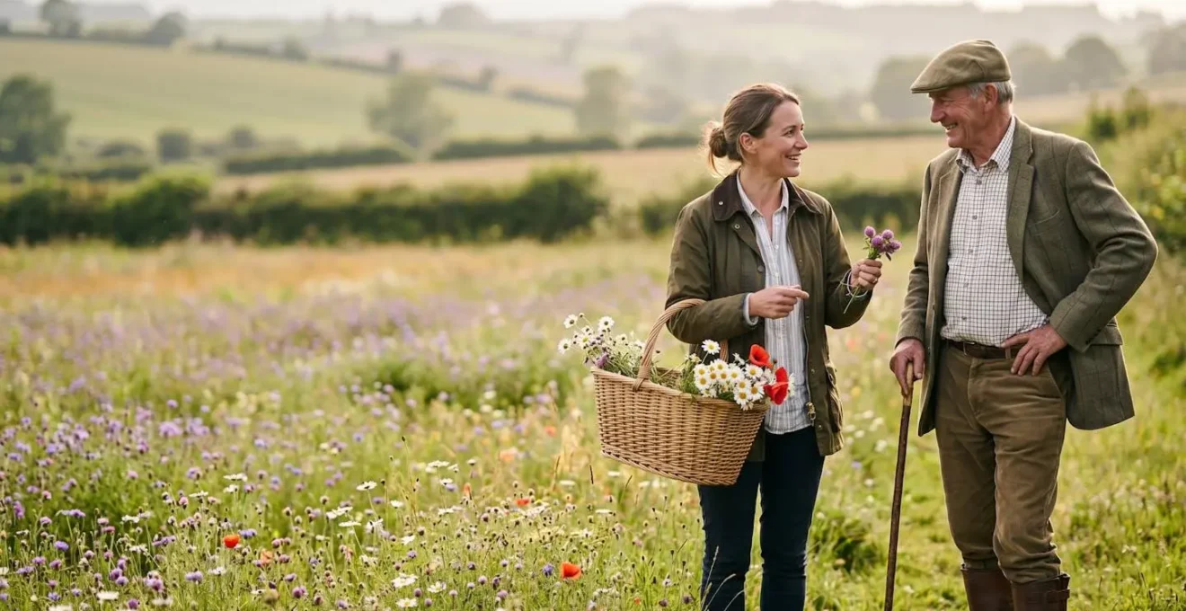 Professional florist and landowner discussing sustainable wildflower harvesting arrangement in a British meadow