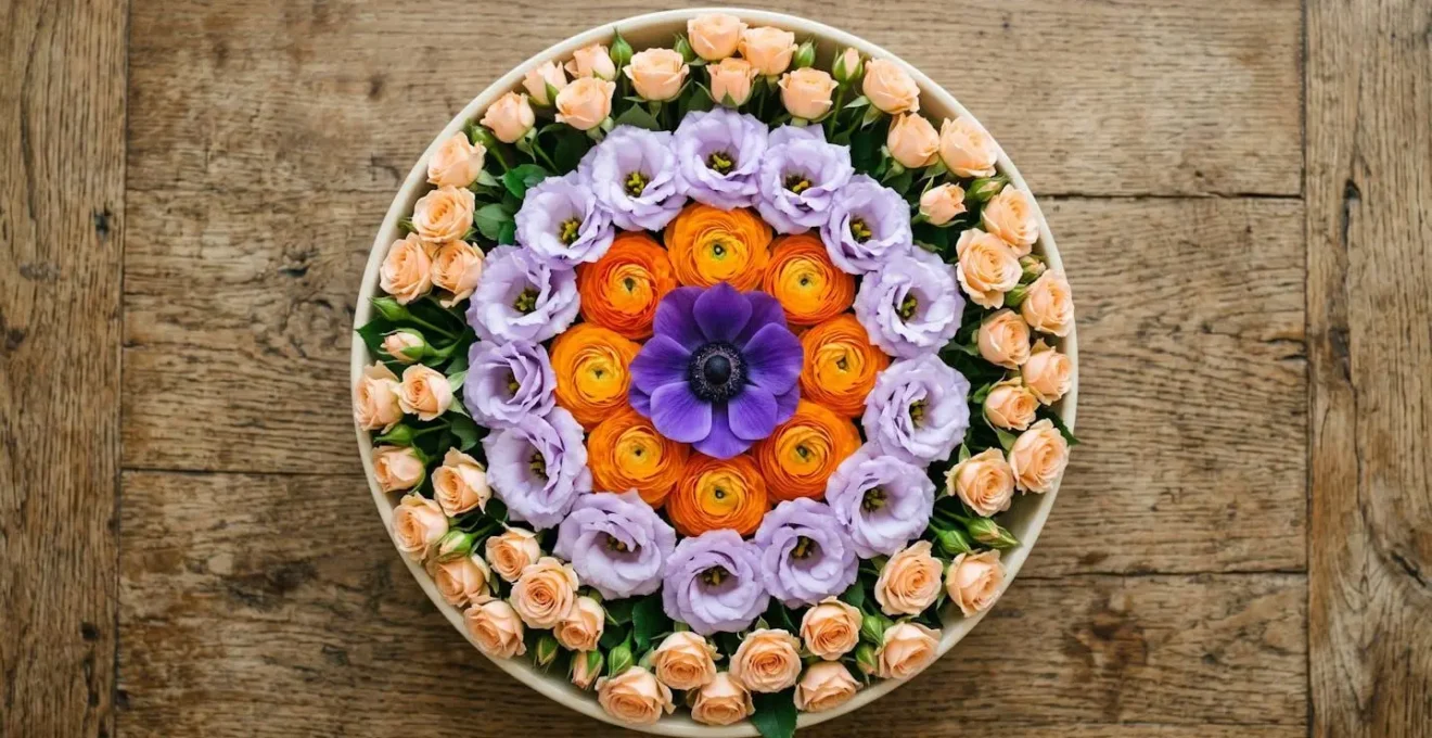 Top-down aerial view of a circular bullseye floral arrangement on a coffee table featuring concentric rings of contrasting purple and orange complementary colors