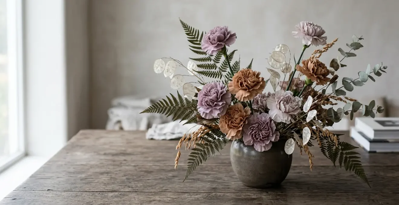 Antique-toned carnations in muted browns and purples arranged with dried foliage in sophisticated floral design