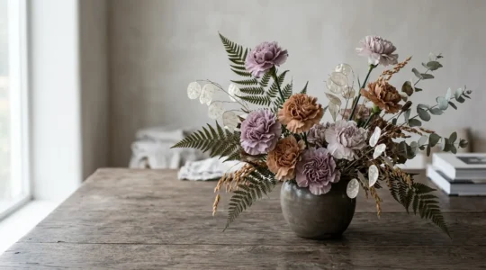 Antique-toned carnations in muted browns and purples arranged with dried foliage in sophisticated floral design