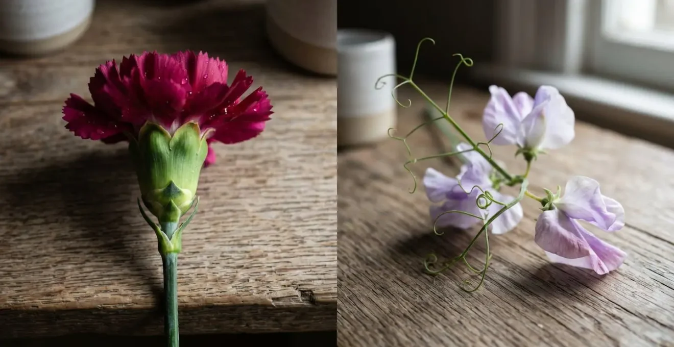 Side-by-side comparison of sturdy carnation stem and delicate sweet pea vine in natural setting