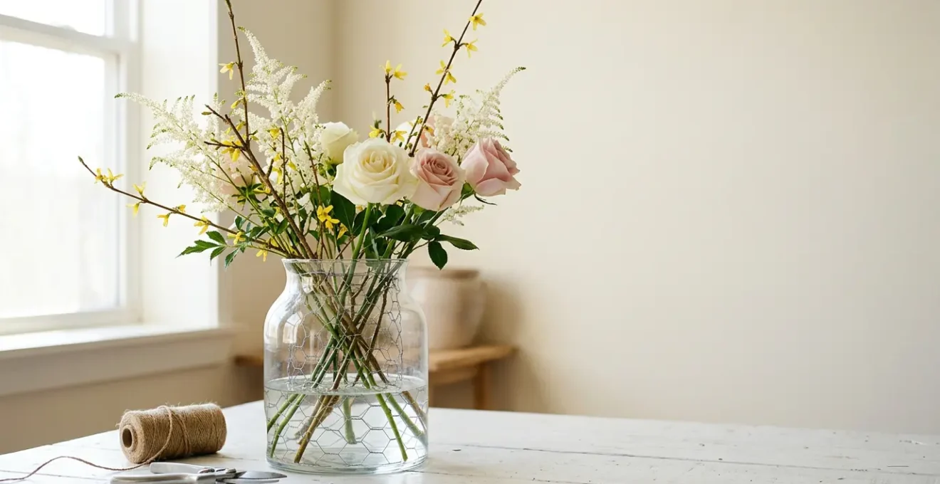 Professional floral arrangement featuring a reusable chicken wire framework holding diverse stems in a clear glass vase with water
