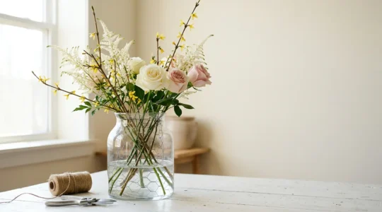 Professional floral arrangement featuring a reusable chicken wire framework holding diverse stems in a clear glass vase with water
