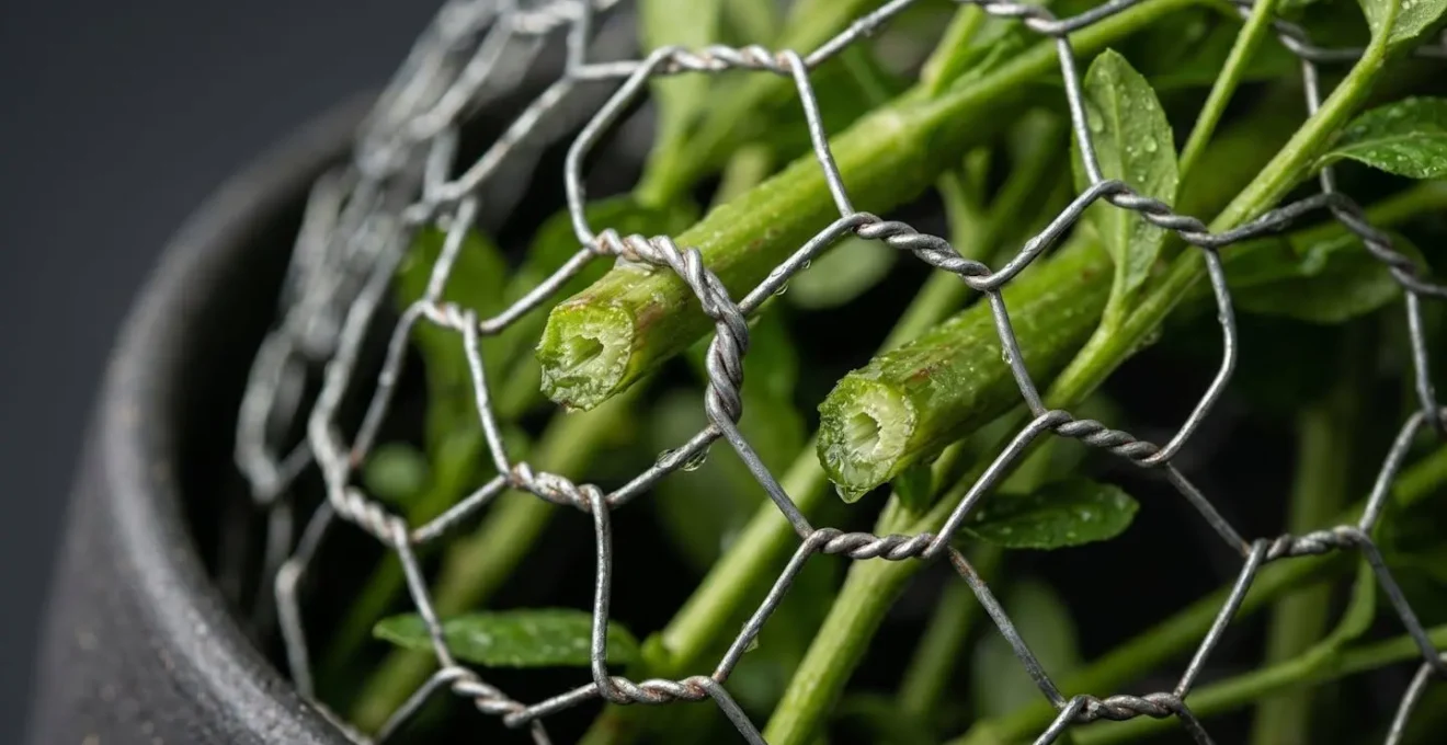 Close-up detail of professional florist hands creating stable flower arrangement structure using chicken wire grid method