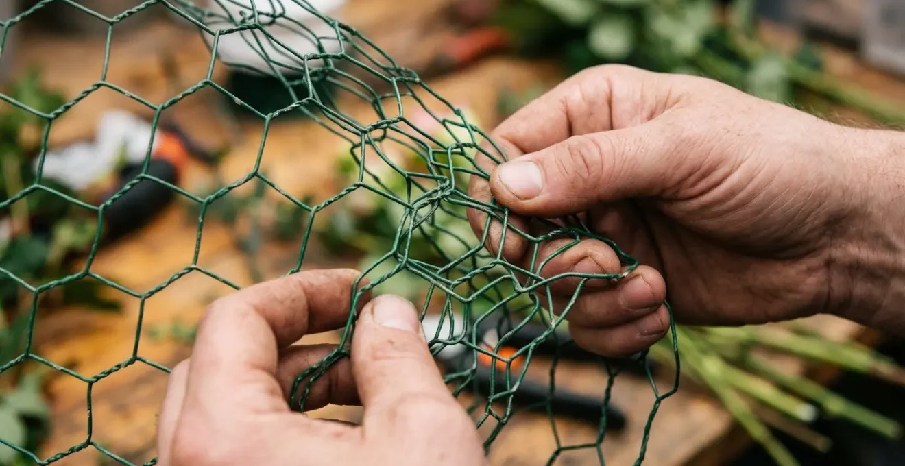 Close-up of hands forming scrunched chicken wire into a pillow shape showing density zones and structural integrity