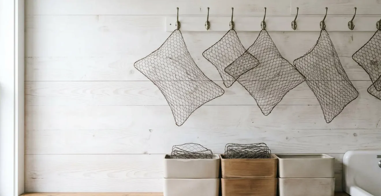 Organized floral studio wall displaying clean chicken wire pillows hanging on hooks with labeled storage bins below