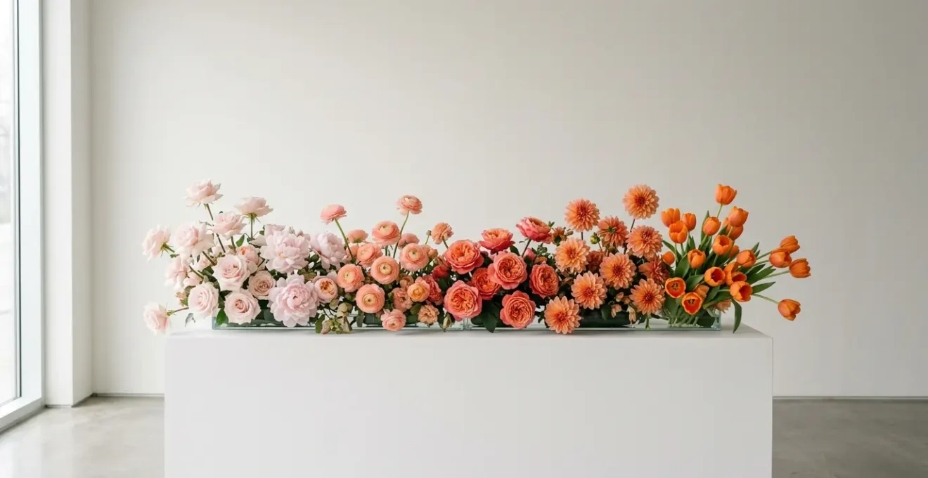 Elegant ombré floral arrangement transitioning seamlessly from soft pink to deep coral to vibrant orange, showcasing chromatic gradation artistry in floral design
