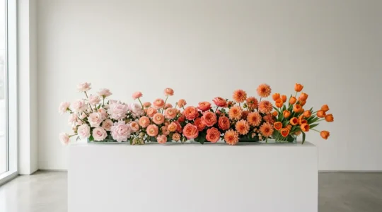 Elegant ombré floral arrangement transitioning seamlessly from soft pink to deep coral to vibrant orange, showcasing chromatic gradation artistry in floral design