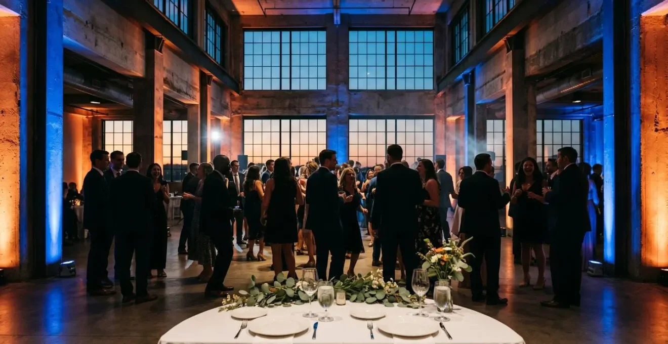 Environmental wide shot of wedding reception space with vibrant cobalt and orange uplighting showing guest engagement and celebratory atmosphere