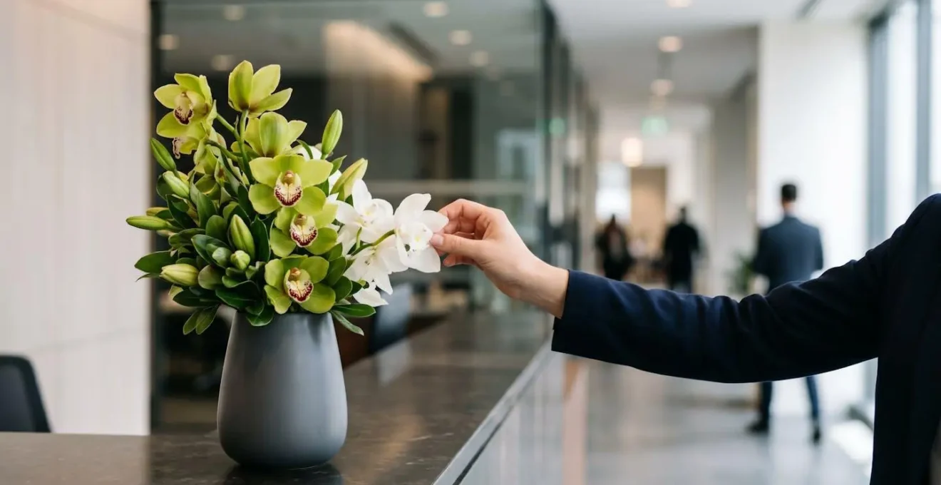 Robust cymbidium orchid arrangement in sleek modern vase on corporate reception desk with clean architectural background