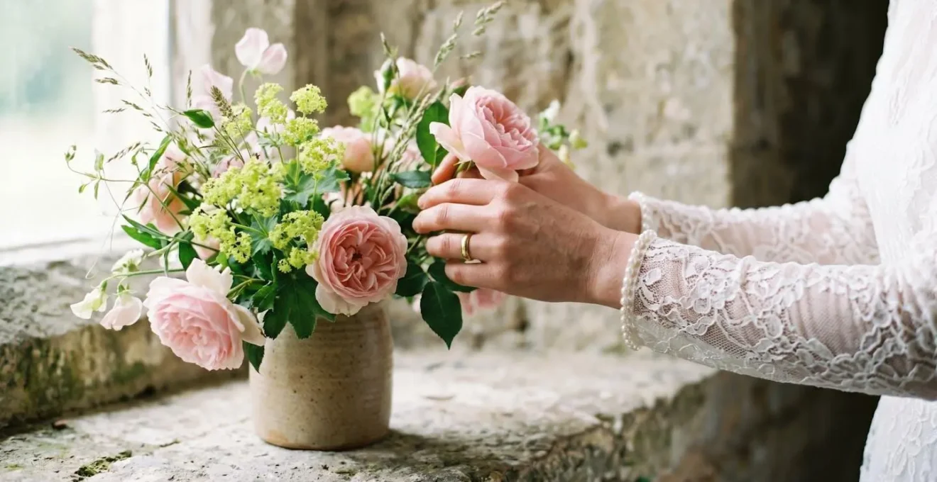 Historic country house stone architectural ledge with natural seasonal flowers in simple ceramic vessel emphasizing venue character